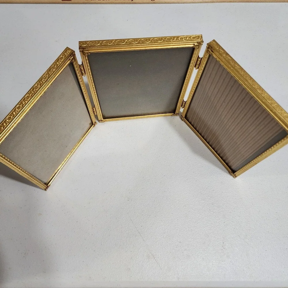 Vintage Gold Metal Triple Folding Picture Frame Triptych Embossed 5x7 Hinged